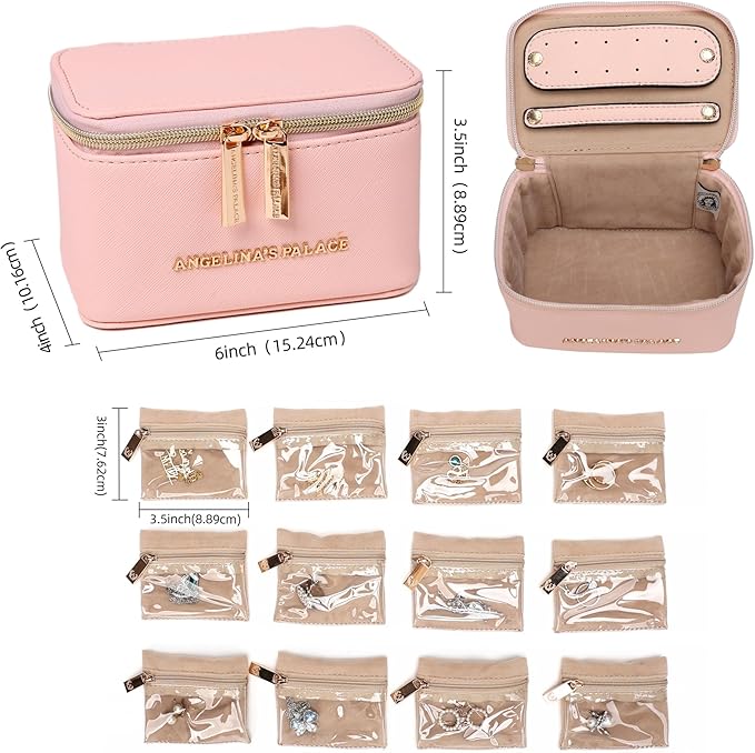 Angelina's Palace Jewelry Organizer Case Bridesmaid Gifts Travel Bag Vegan Leather Box for Necklace Earring Bracelet Ring(soft pink)