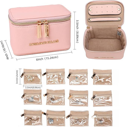 Angelina's Palace Jewelry Organizer Case Bridesmaid Gifts Travel Bag Vegan Leather Box for Necklace Earring Bracelet Ring(soft pink)