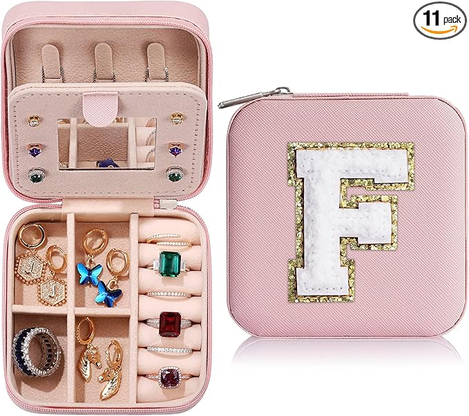 Parima Christmas Gifts for Mom - Small Travel Jewelry Box, Travel Jewelry Case with Mirror for Necklace Earrings Rings Organizer | Birthday Gifts Christmas Travel Gifts for Mom - Letter F, Pink