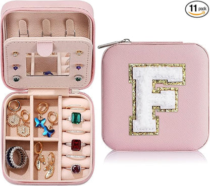 Parima Christmas Gifts for Mom - Small Travel Jewelry Box, Travel Jewelry Case with Mirror for Necklace Earrings Rings Organizer | Birthday Gifts Christmas Travel Gifts for Mom - Letter F, Pink