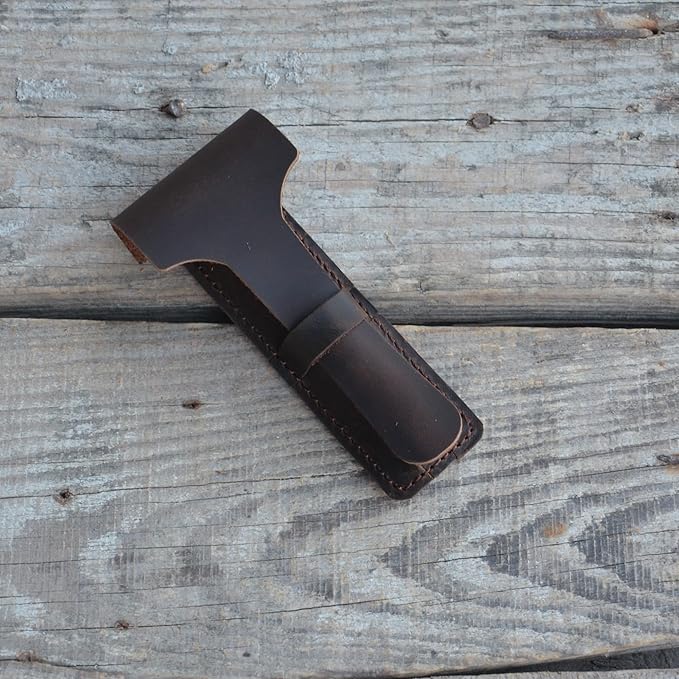 JJNUSA Handmade Sleeve Travel Pouch Leather Safety Razor Case, Double Edge Razor 4.5", Old Fashioned Razor Sleeve Shaving Accessories Men's Shaving Razor (Dark Brown)