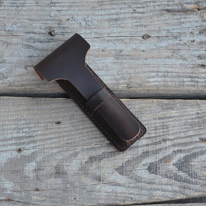 JJNUSA Handmade Sleeve Travel Pouch Leather Safety Razor Case, Double Edge Razor 4.5", Old Fashioned Razor Sleeve Shaving Accessories Men's Shaving Razor (Dark Brown)