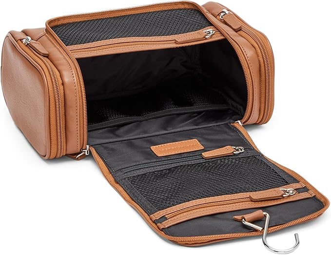 Leatherology Cognac Small Hanging Toiletry Kit – Compact Leather Travel Organizer with Interior Zip Pockets, Mesh Pouches & Hanger | Full-Grain Leather Toiletry Bag for Men & Women