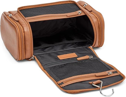 Leatherology Cognac Small Hanging Toiletry Kit – Compact Leather Travel Organizer with Interior Zip Pockets, Mesh Pouches & Hanger | Full-Grain Leather Toiletry Bag for Men & Women