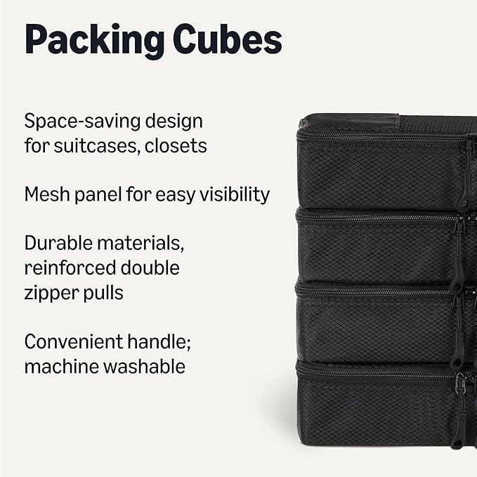 Amazon Essentials 4-Piece Packing Cubes Travel Accessories Set, Luggage Organizer with Double Zipper, Mesh Top, 100% Polyester, Slim, Black (Previously Amazon Basics)