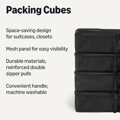 Amazon Essentials 4-Piece Packing Cubes Travel Accessories Set, Luggage Organizer with Double Zipper, Mesh Top, 100% Polyester, Slim, Black (Previously Amazon Basics)