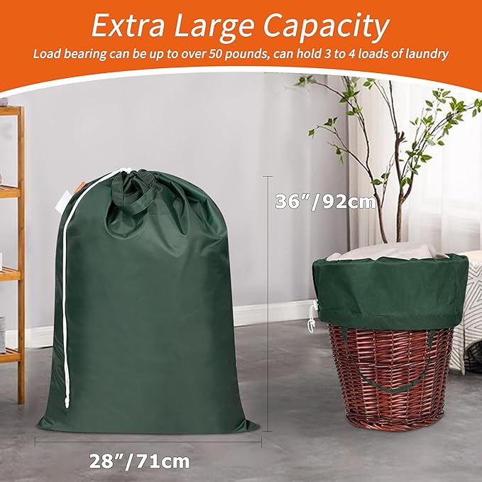 Polecasa Heavy Duty Large Laundry Bag with 130gsm Tear Resistant Fabric and Handles, Easy to Carry Durable Dirty Clothes Drawstring Bag, Perfect for College Dorm,Travel, 2 Pack 28”x36”,Green