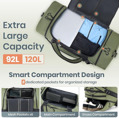 Fanwoli 92L 120L Large Rolling Duffle Bag with Shoes Compartment, 30’’ Expandable & Foldable Heavy Duty Water Resistant Travel Backpack, Convertible Foldable Duffel for Gym Camping Weekender