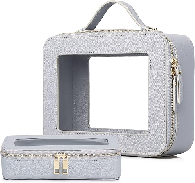 Pinkmik Clear Makeup Bag with Brush Bag 2pcs Waterproof Travel Case for Cosmetics and Toiletries Women's Cosmetic Organizer with Zipper (Gray, L+SLIM)