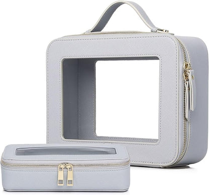 Pinkmik Clear Makeup Bag with Brush Bag 2pcs Waterproof Travel Case for Cosmetics and Toiletries Women's Cosmetic Organizer with Zipper (Gray, L+SLIM)