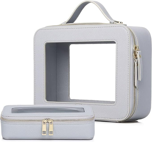 Pinkmik Clear Makeup Bag with Brush Bag 2pcs Waterproof Travel Case for Cosmetics and Toiletries Women's Cosmetic Organizer with Zipper (Gray, L+SLIM)