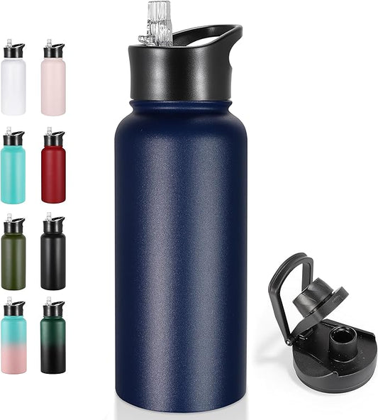 VEGOND 32 oz Insulated Water Bottle Stainless Steel Metal Water Bottles with Leak Proof Straw Lid & Spout Lid, Wide Mouth Double Walled Vacuum Travel Sports Bottle, Navy Blue