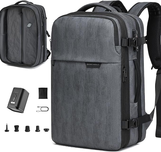 Vacuum Seal Travel Backpack 45L - Expandable Air Compression System, Water-Resistant, Carry-On Suitcase Luggage with TSA Lock Fits 18" Laptop - Vacuum Pump Included(Grey)