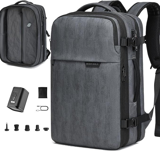 Vacuum Seal Travel Backpack 45L - Expandable Air Compression System, Water-Resistant, Carry-On Suitcase Luggage with TSA Lock Fits 18" Laptop - Vacuum Pump Included(Grey)