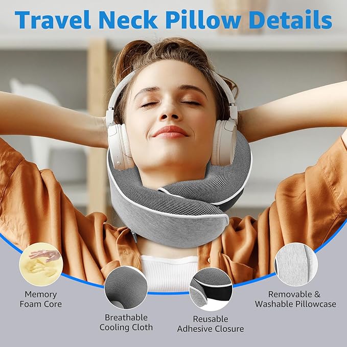 Travel Pillows for Airplanes Ergonomic Memory Foam Neck Pillow for Travel - 360° Head & Neck Support for Sleeping on Flights, Cars, Trains & Office (Gray-2)