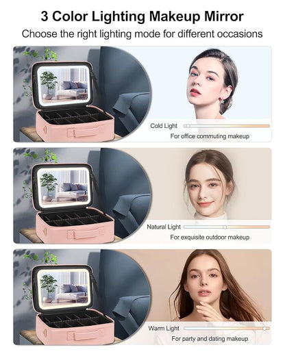 Relavel Makeup Bag with LED Mirror, 16.2 inches Large Professional Makeup Case for Makeup Artists, Travel Portable Cosmetic Organizer Storage Box, Vanity Case with 3 Colors Lighted Mirror, Pink