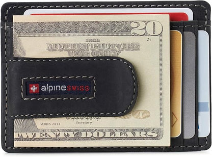 Alpine Swiss RFID Dermot Money Clip Front Pocket Wallet For Men Leather Hampton Collection Nubuck Black