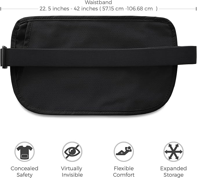 Money Belt for Secure Travel - RFID Blocking Slim Passport Holder - Hidden Waist Pouch for Cash, Credit Cards, Documents - Concealable Under Clothes, Water-Resistant Slim Fanny Pack for Men and Women