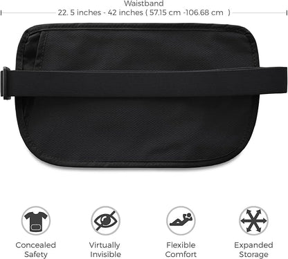 Money Belt for Secure Travel - RFID Blocking Slim Passport Holder - Hidden Waist Pouch for Cash, Credit Cards, Documents - Concealable Under Clothes, Water-Resistant Slim Fanny Pack for Men and Women