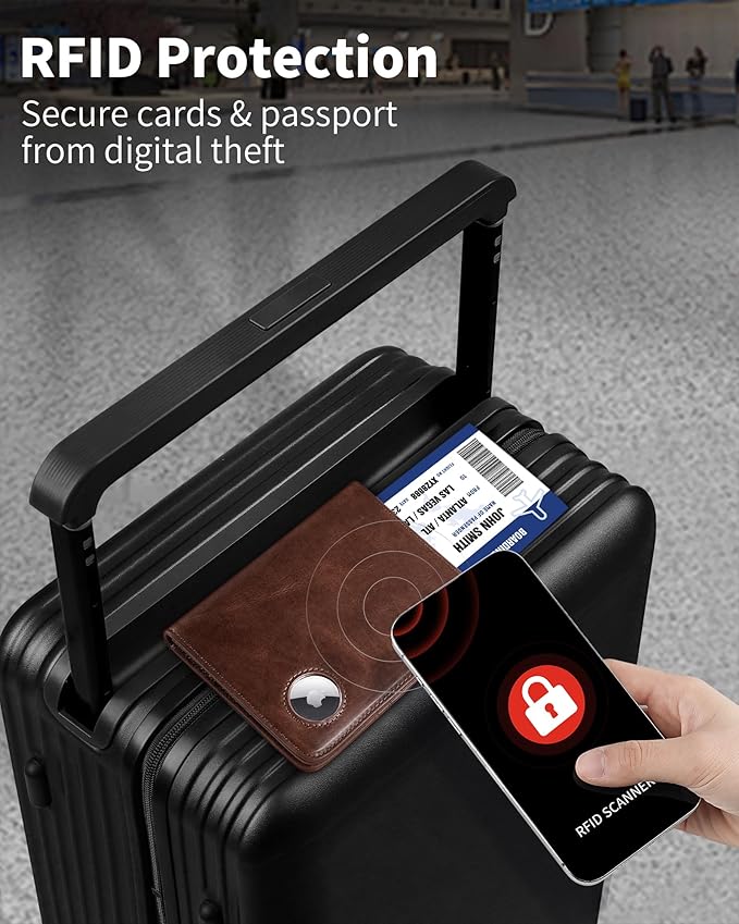 Passport Holder for Travel with AirTag Holder-Genuine Leather RFID Blocking Travel accessories with 6 Cards Slot&1ID Window,Magnetic Closure,Gift Box(Air Tag Not Included)
