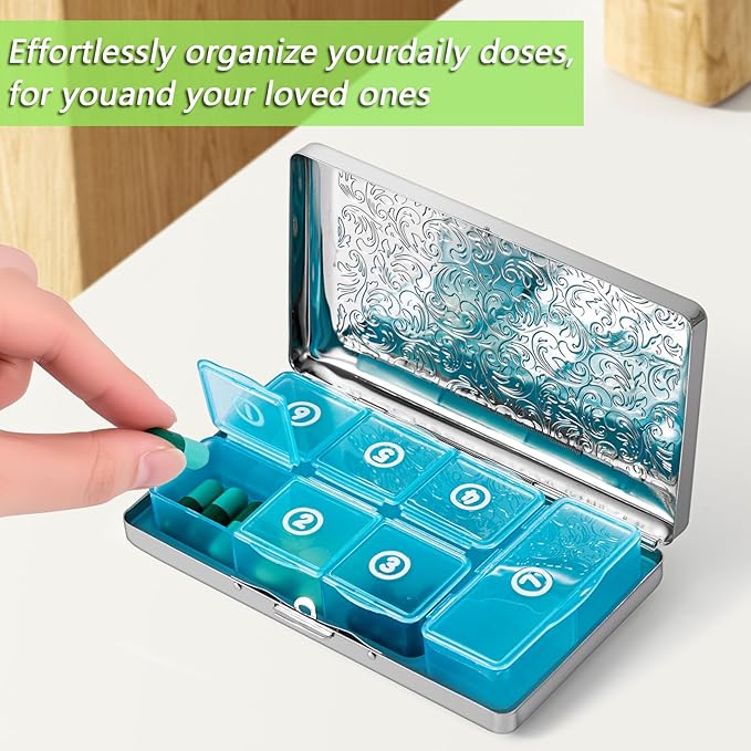 Pill Organizer, Pill Box 7 Day/Metal Travel Pill Case, BPA Free. (Silver)