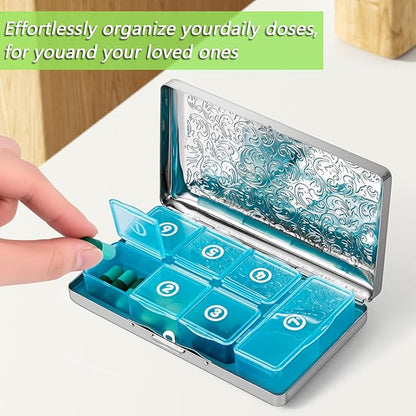 Pill Organizer, Pill Box 7 Day/Metal Travel Pill Case, BPA Free. (Silver)