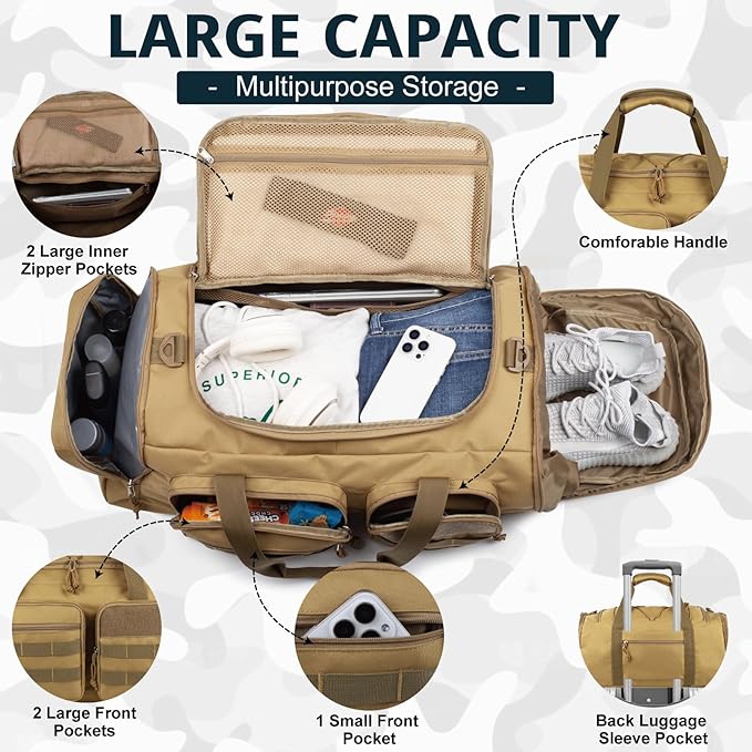 Tactical Gym Bag for Men with Toiletry Bag，50L Large 3 in 1 Sports Duffle Bag with Shoes Compartment for Travel,Water Resistant Travel Backpack Weekender Overnight Bag with Wet Pocket for Women