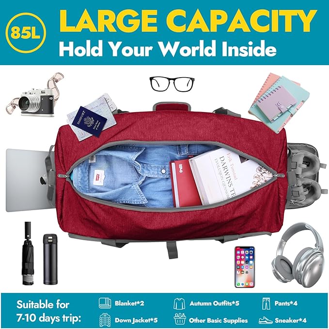 Canway 85L Travel Duffel Bag, Foldable Weekender Bag with Shoes Compartment for Men Women Water-proof & Tear Resistant