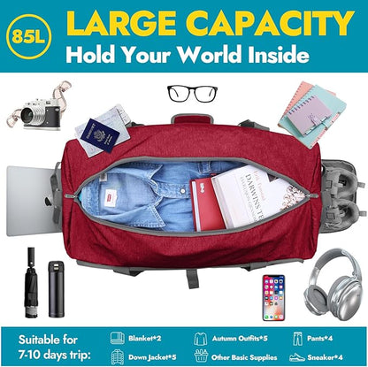 Canway 85L Travel Duffel Bag, Foldable Weekender Bag with Shoes Compartment for Men Women Water-proof & Tear Resistant