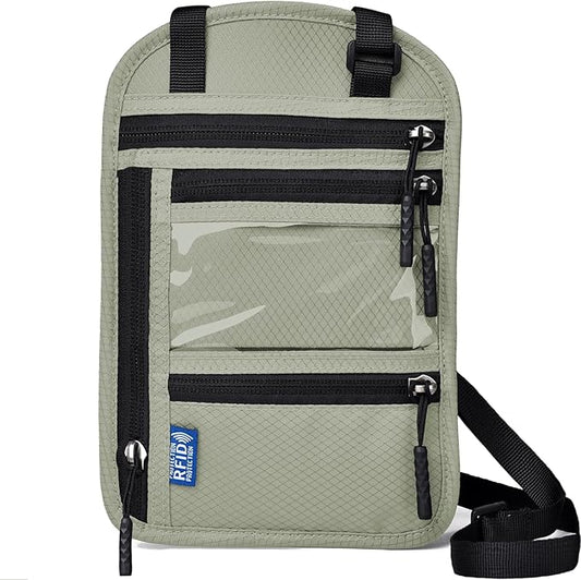 RFID Blocking Travel Neck Wallet–Hidden Passport Holder & Anti-Theft Money Pouch for Men & Women, Lightweight Concealed Travel Organizer with Adjustable Strap Secure Document (Grey Green)