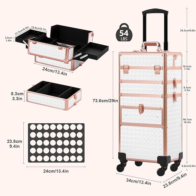 Makeup Train Case with Drawer, Rolling Makeup Case, Cosmetology Case on Wheels, Gift, Large Makeup Case Organizers, Professional for Salon Barber, Nail, Tattoo, White Gold