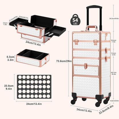 Makeup Train Case with Drawer, Rolling Makeup Case, Cosmetology Case on Wheels, Gift, Large Makeup Case Organizers, Professional for Salon Barber, Nail, Tattoo, White Gold