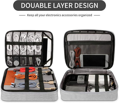 HOLIMET Cable Organiser Bag,Electronic Accessories Bag Double Layer for Travel Waterproof Cord Storage Organizer Bag for iPad, Kindle, Hard Drives, Cables, Chargers,Power Bank and More(Grey)
