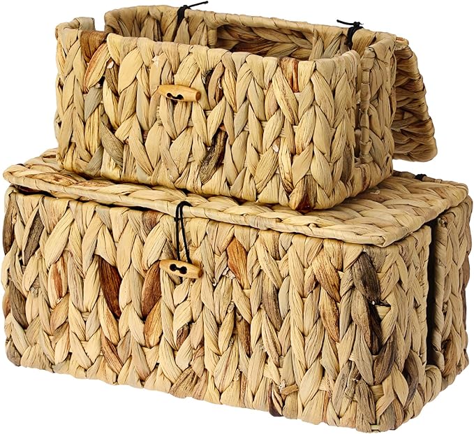 BTSKY Woven Cable Management Box with Lid, Water Hyacinth Cord Organizer for Desk, Cable Organizer Box with 2-Open Slots to Hide Power Strips USB Hubs for Home & Office, Pet Proofing Cord Basket, L+S