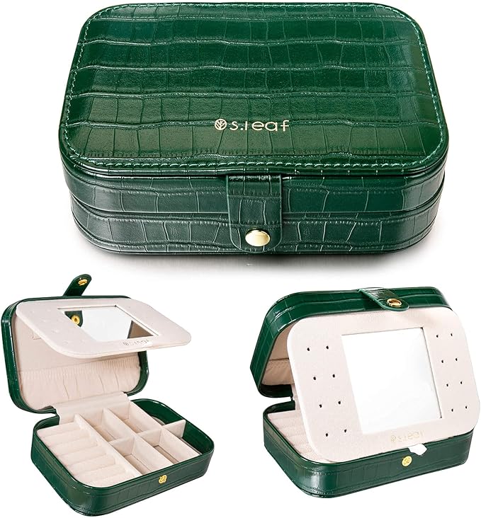 S.Leaf Travel Jewelry Organizer Boxes for Women Small Portable Necklace Earrings Bracelet Rings Travel Case Best Friend Birthday Gifts for Women Trendy (13_Crocodile_Emerald_Big)