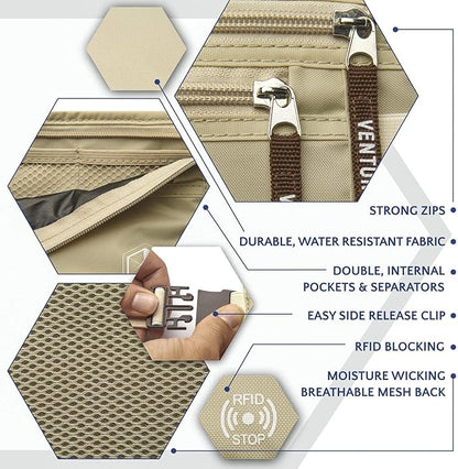 VENTURE 4TH Travel Money Belt - Slim Passport Holder RFID Blocking Travel Pouch to Protect Cash, Credit Cards and Travel Documents (Beige)