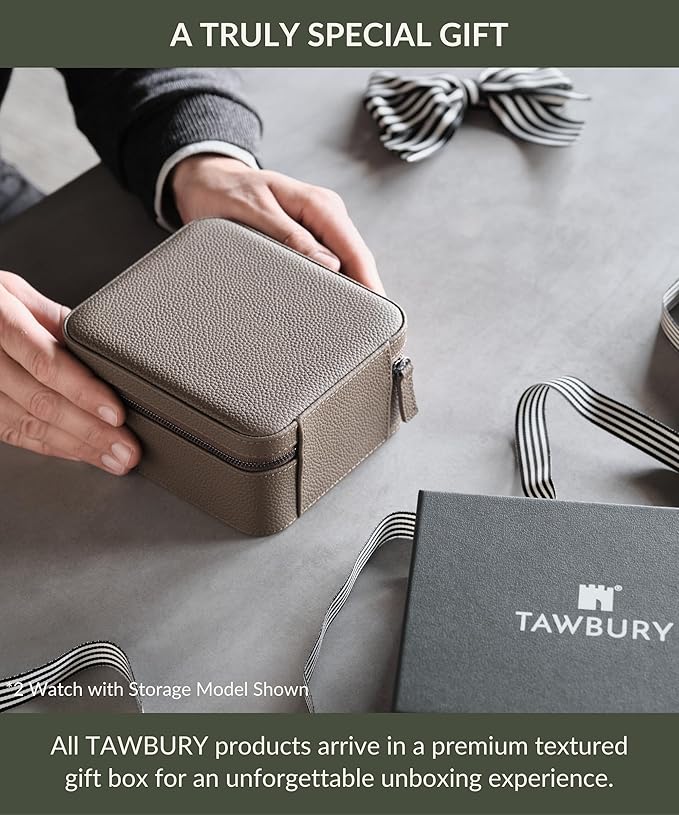 TAWBURY Watch Case - 3 Slot Portable Watch Storage Box for Home & Travel with Extra Wide Pillows for Large Watches and Compartment for Accessory Storage (Taupe)
