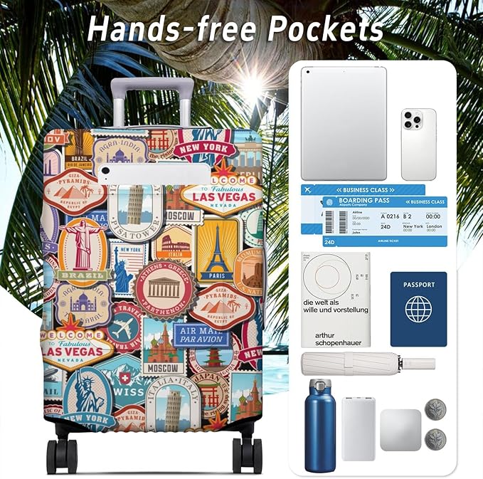 Landmark Sticker Travel Luggage Cover, Travel-Themed Suitcase Protector Stretchable, Washable Travel Suitcase Cover (M for 22-24 Inch Luggage)