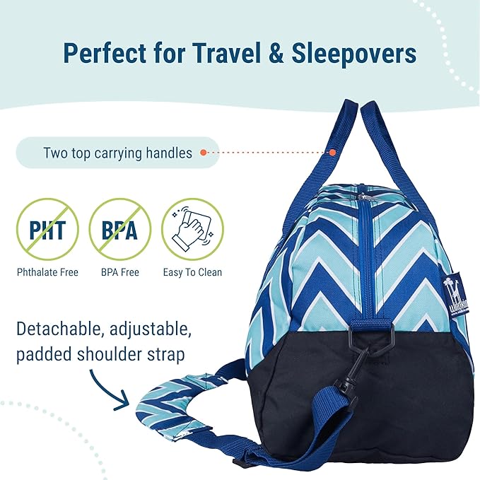 Wildkin Kids Overnighter Duffel Bag – Carry-On Size, Ideal for School & Sleepovers – Chevron Blue