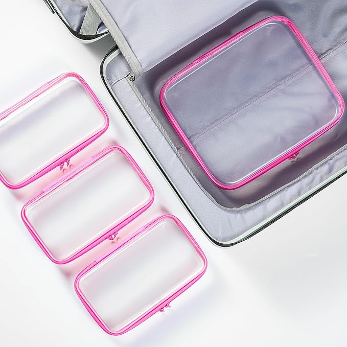 4 pcs Clear Zipper Pouches, Hard Shell Zipper Case, Makeup Organizer Travel Toiletry bag, Diaper Bag, Travel Organizer, Clear Cosmetic Bag,Toy Storage Bins (M+3S Pink)