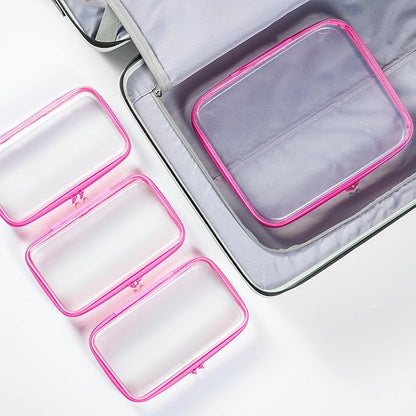 4 pcs Clear Zipper Pouches, Hard Shell Zipper Case, Makeup Organizer Travel Toiletry bag, Diaper Bag, Travel Organizer, Clear Cosmetic Bag,Toy Storage Bins (M+3S Pink)