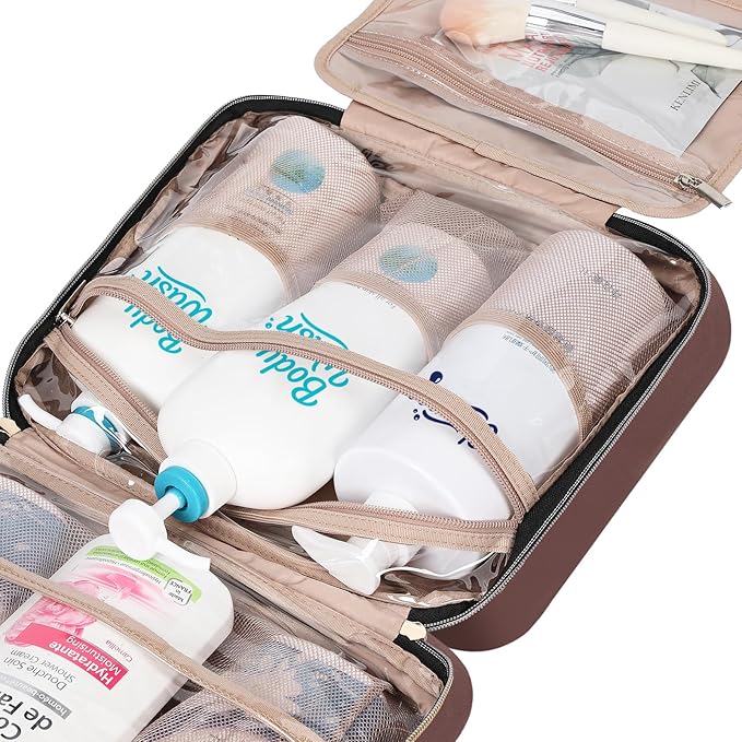 NISHEL Travel Toiletry Bag for women, Portable Hanging Organizer for Family-Sized Shampoo, Conditioner, Brushes Set, Makeup Accessories, Extra Large Size, Rosewood-Pink