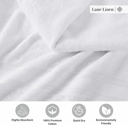 LANE LINEN Towel Set of 6 – 100% Mercerized Cotton, Zero Twist, 2 Large Bath Towel, 2 Hand Towels & 2 Wash Cloths, Quick Dry & Long-Lasting, Perfect for Family Bathrooms, Easy Care – White Towels