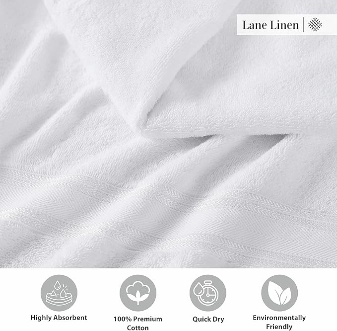 LANE LINEN 100% Cotton 4 Pack Bath Towels (30"x60") - Zero Twist, Cotton - Large Towels for Bathroom - Quick Drying, Highly Soft & Absorbent Shower Towel Set - Hotel & Spa Quality - White Towel Set