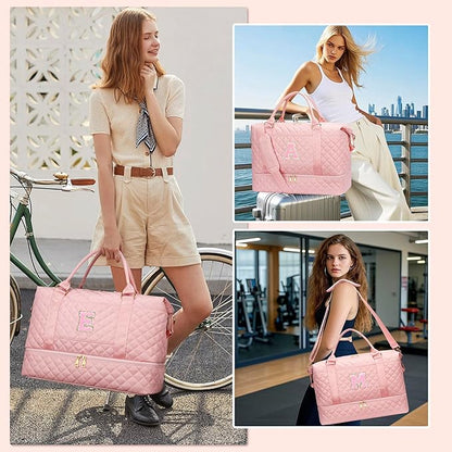 Gifts for Women Girls Initial Travel Duffle Bag Quilted Weekender Carry-On Overnight with Cosmetic Bag, Gym Bag with Shoe Compartment, Pink S