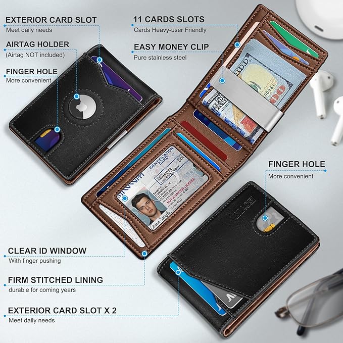 Airtag Wallet for Men,with Money Clip 11 Cards Slim Front Pocket Leather RFID Blocking Wallet with Gift Box