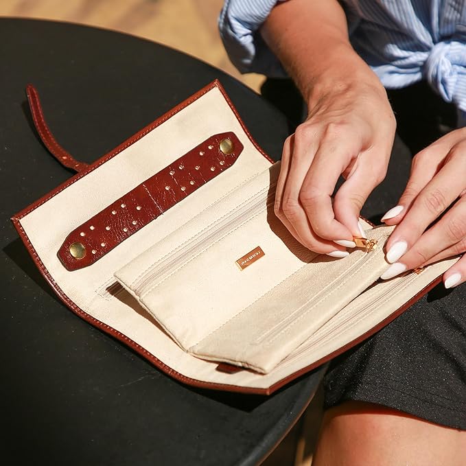 Time Resistance Leather Jewelry Roll - Full Grain Leather Travel Jewelry Case - Jewellery Organizer Made in Italy (Cognac Brown)