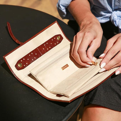 Time Resistance Leather Jewelry Roll - Full Grain Leather Travel Jewelry Case - Jewellery Organizer Made in Italy (Cognac Brown)