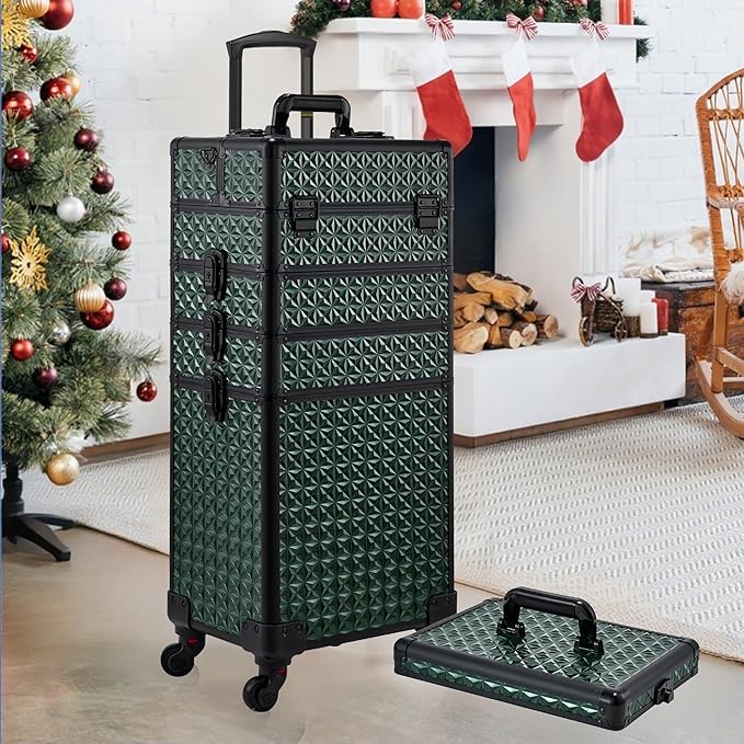 Rolling Makeup Case, Makeup Train Case with Lid, 5 in 1 Cosmetology Case on Wheels, Christmas Gift, Large Makeup Case Organizers, Profesional Cosmetic Case for Salon Barber,Black Green