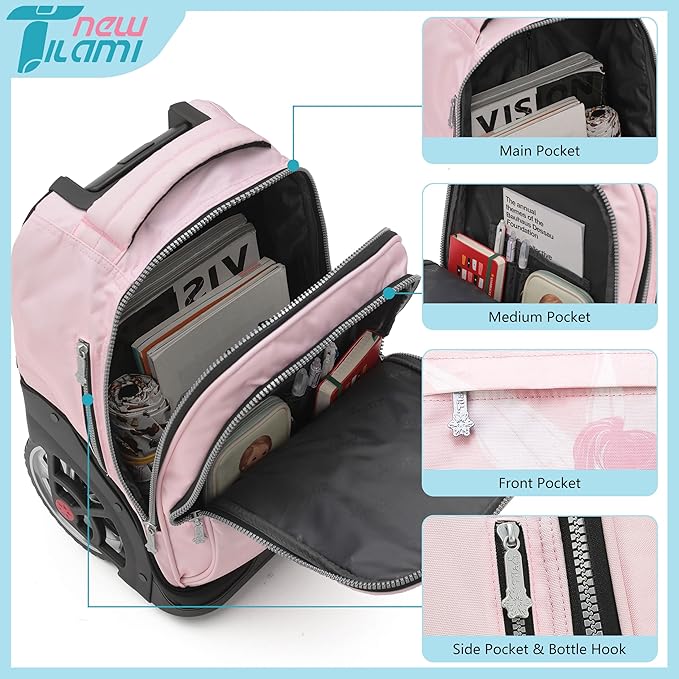 NEW TILAMI 19 Inch Rolling Backpack with Lunch Bag for Girls Boys Wheeled Laptop Backpack Durable Carry-on Bag School Travel, Flower Fairy